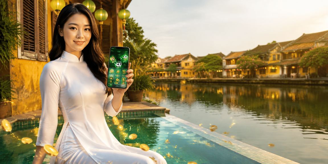 Người dùng tại Hội An trải nghiệm ứng dụng casino trên điện thoại với trang phục áo dài truyền thống
